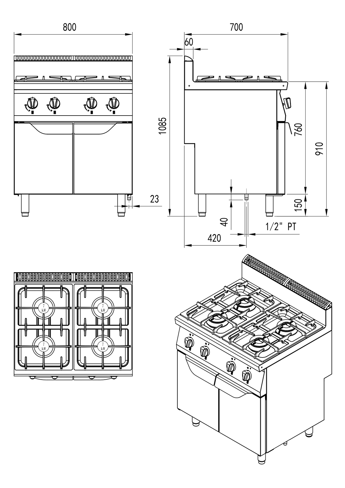 Fogón de gas natural  con 2 quemadores serie 700 - 800x700x1085mm 28KW - 4x7kW 燃气落地式四头煲仔炉（同）(默认天燃气，配件液化气头) -