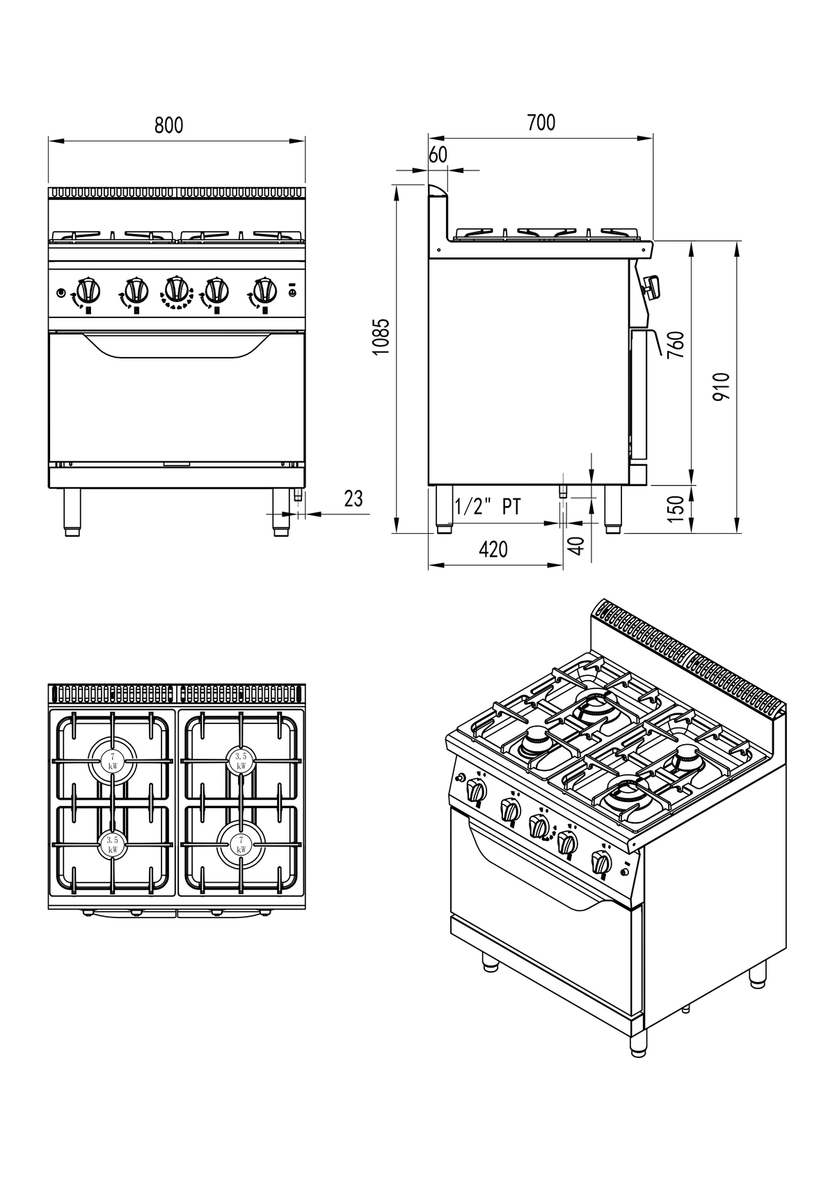 Fogón de gas  natural naturalcon 4 quemadores con horno TEMP.100-300°C 50kW serie 700 - 800x700x1085mm - 2x3,5kW+2x7kW 燃气落地式四头煲仔炉连焗炉（同）(默认天燃气，配件液化气头) -