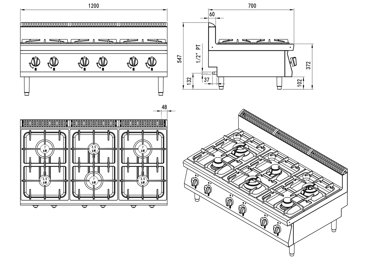 Fogón de gas natural  sobre mesa con 6 quemadores serie 700 - 1200x700x547mm 31.5KW - 3x3,5kW + 3x7kW 燃气台式六头煲仔炉（异）(默认天燃气，配件液化气头) -