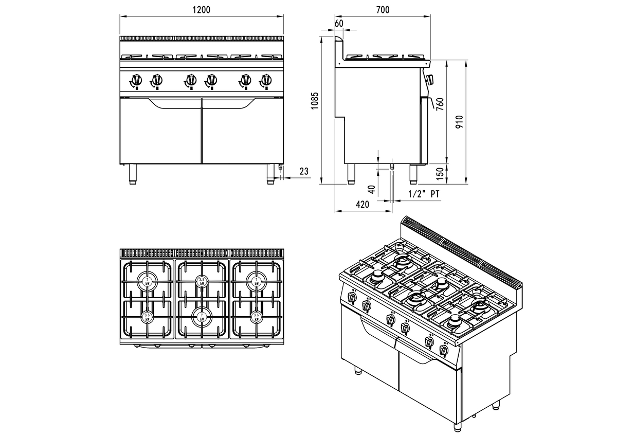 Fogón de gas natural con 6 quemadores serie 700 - 1200x700x1085mm 31.5KW - 3x3,5kW + 3x7kW 燃气落地式六头煲仔炉（异）(默认天燃气，配件液化气头) -