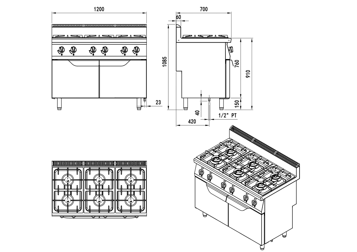 Fogón de gas natural con 6 quemadores serie 700 -  1200x700x1085mm 42KW - 6x7kW 燃气落地式六头煲仔炉（同）(默认天燃气，配件液化气头) -