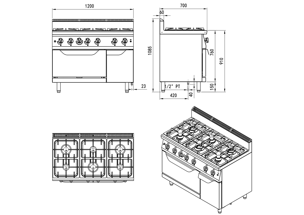 Fogón de gas  naturalnaturalcon 6 quemadores con horno TEMP.100-300°C 50kW serie 700 - 1200x700x1085mm - 3x3,5kW + 3x7kW 燃气落地式六头煲仔炉连焗炉（同）(默认天燃气，配件液化气头) -
