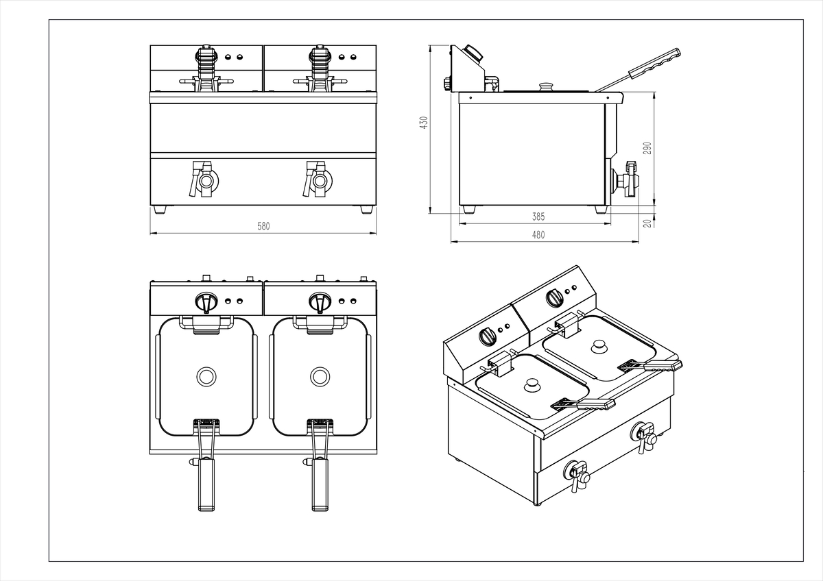 Freidora electrica 8L+8L con grifo drenaje  220-240V 2x3.25KW - 580x480x430mm  TEMP.50-190°C -