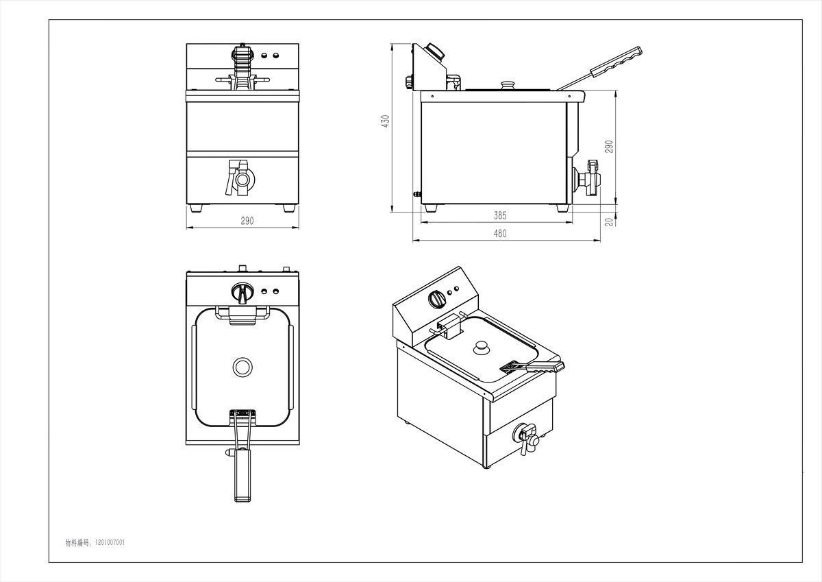 Freidora electrica 8L con grifo drenaje  220-240V/3.25KW - 290x480x430mm  TEMP.50-190°C -