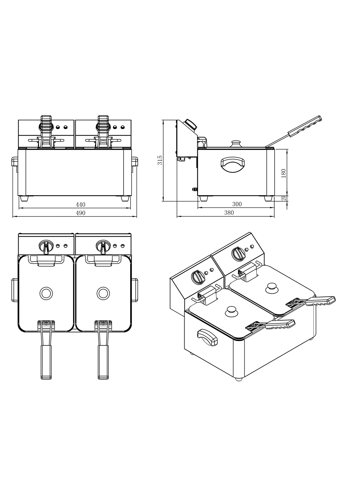 Freidora electrica 4L+4L 220-240V 2x2.5KW - 490x380x315mm  TEMP.50-190°C -