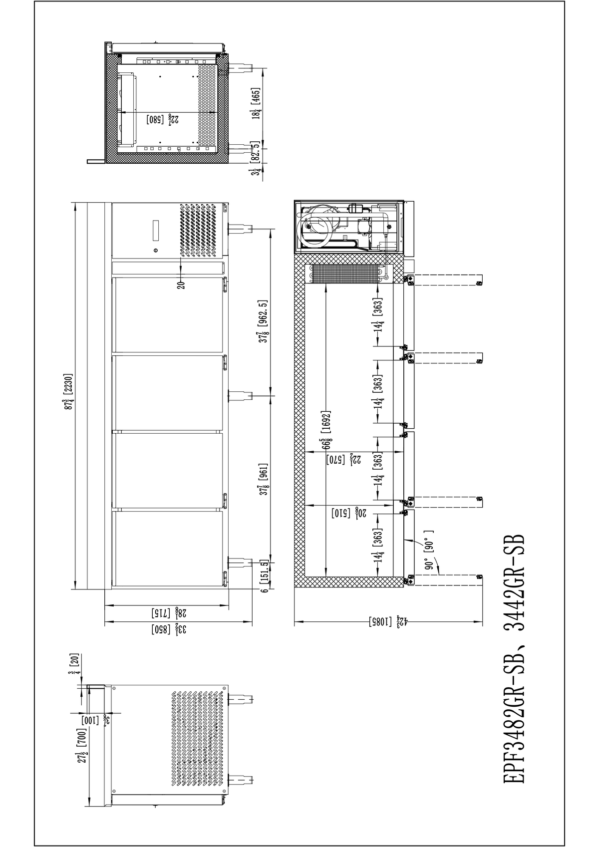MESA REFRIGERADO DE ACERO INOX CON TOPE (700) - VENTILADO - N.4 Puerta - 220-240V/400W 1.91kWh/24H Capacidad 560L- TEMP. -2°/+8°C - Dim.L2230xP700xH850+100mm Energy A 四门风冷藏工作台 (700) -