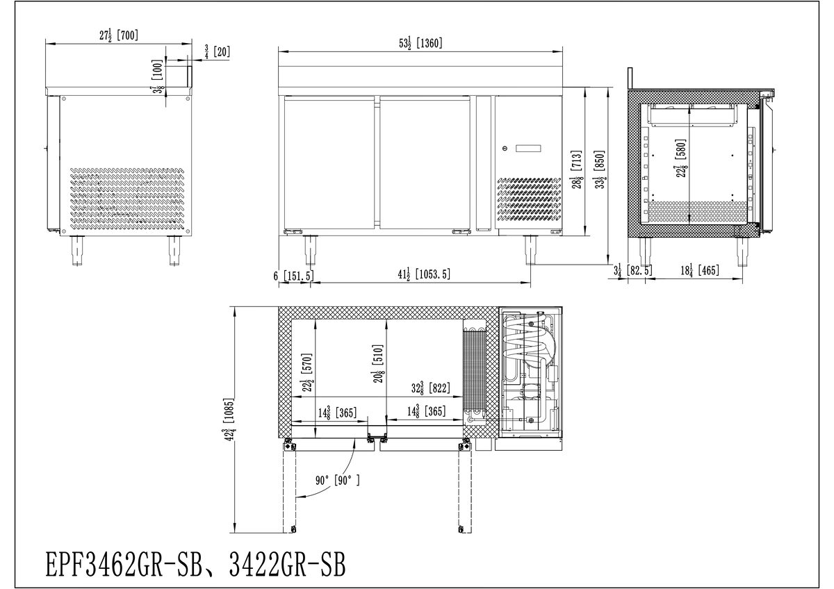 MESA CONGELADOR DE ACERO INOX CON TOPE(700) - VENTILADO - N.2 Puerta -  220-240V/600W 3.97kWh/24H Capacidad 280L- TEMP. -22°/-18°C - Dim.L1360xP700xH850+100mm Energy C 二门风冷冻工作台  (700) -