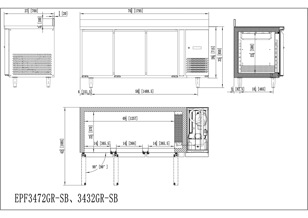 MESA CONGELADOR DE ACERO INOX CON TOPE (700) - VENTILADO - N.3 Puerta - 220-240V/600W 5.09kWh/24H Capacidad 420L- TEMP. -22°/-18°C - Dim.L1795xP700xH850+100mm Energy C  三门风冷冻工作台(700) -