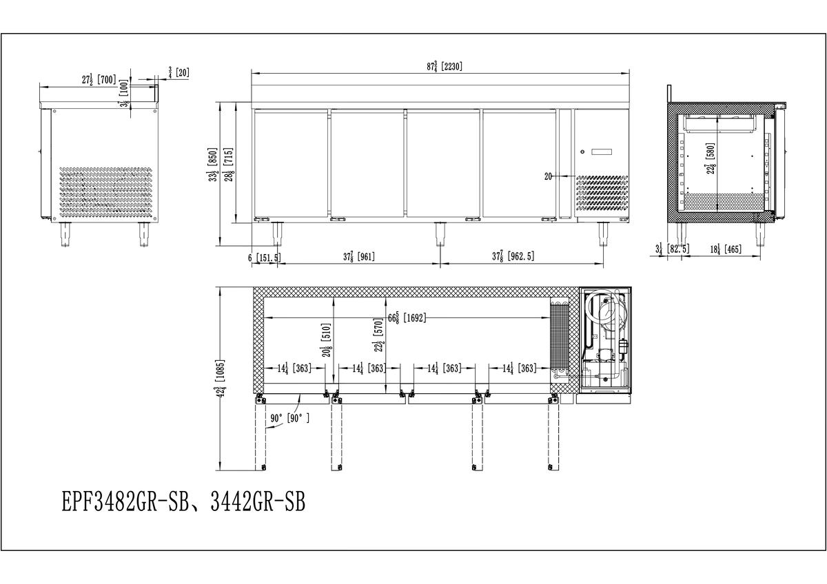 MESA CONGELADOR DE ACERO INOX CON TOPE (700) - VENTILADO - N.4 Puerta - 220-240V/600W 6.13kWh/24H Capacidad 560L- TEMP. -22°/-18°C - Dim.L2230xP700xH850+100mm Energy C 四门风冷冻工作台 (700) -