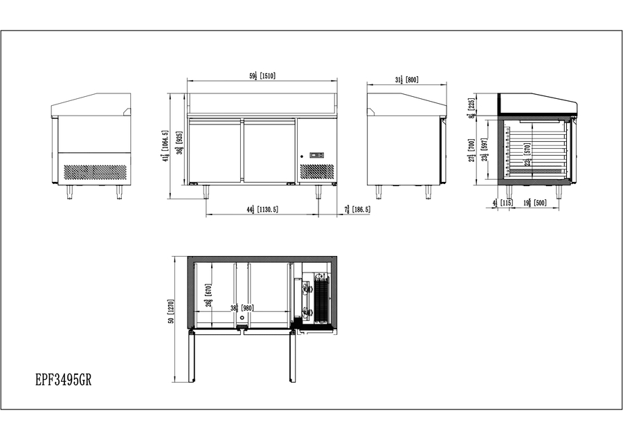 MESA REFRIGERADA PARA PREPARACION DE PIZZA  - VENTILADO - N.2Puerta -  220-240V/250W 1.4kWh/24H Capacidad 280L- TEMP. -2°/+8°C - Dim.L1510xP800xH850+100mm Energy A 两门风冷藏披萨柜（烤盘） -