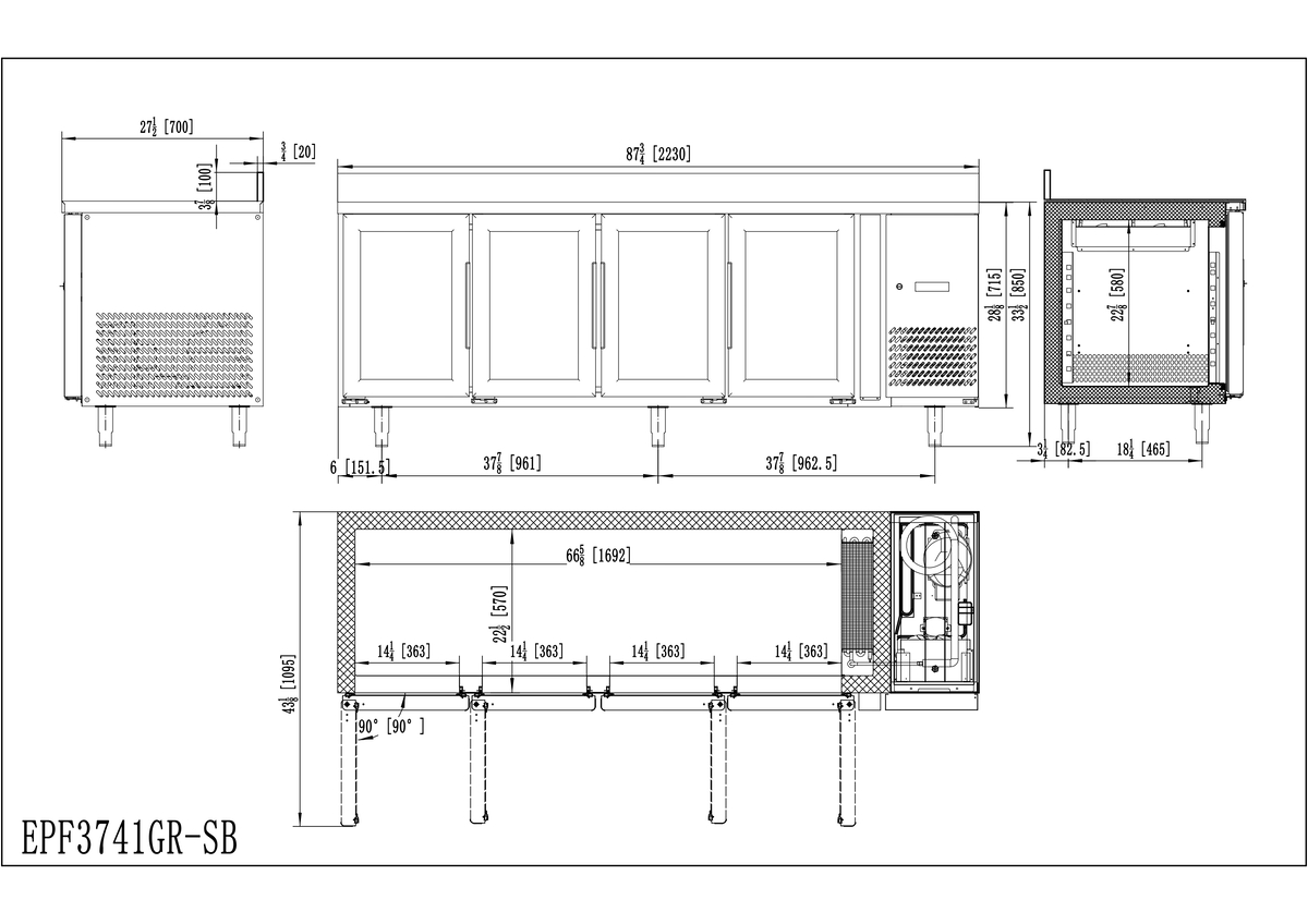 MESA REFRIGERADO PUERTA CRISTALCON TOPE (700) - VENTILADO - N.4 Puerta -  220-240V/400W 3.54kWh/24H Capacidad 560L- TEMP. -2°/+8°C - Dim.L2230xP700xH850+100mm Energy A 四门风冷藏工作台 (700) -