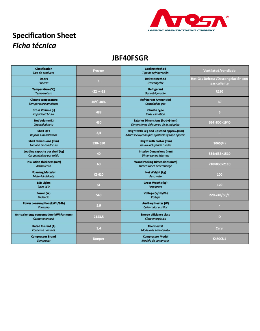 ARMARIO FRIGORÍFICO ESTANDAR CONGELADOR DE ACERO GN2/1 INOX - VENTILADO -  220-240V/540W 5.9kWh/24H Capacidad 488L- N.1 Puerta TEMP. -22°/-18°C - Dim. L800xP654xH2065mm Energy D 大单门冷冻冰箱 -