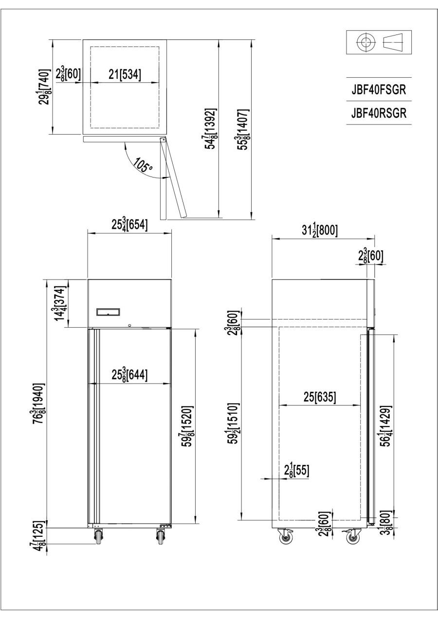 ARMARIO FRIGORÍFICO ESTANDAR DE ACERO GN2/1 INOX - VENTILADO - 220-240V/270W 1.62kWh/24H Capacidad 488L- N.1 Puerta TEMP. -2°/+8°C - Dim. L800xP654xH2065mm Energy C 大单门冷藏冰箱 -