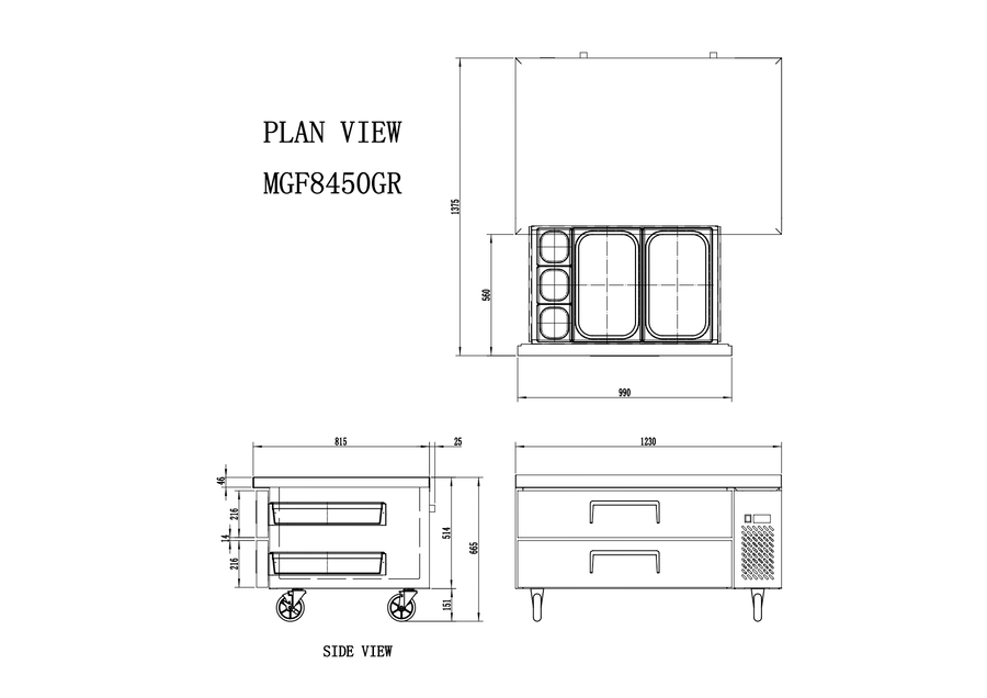 CHEF BASE REFRIGERADO - VENTILADO - 220-240V/300W 1.42kWh/24H Capacidad 215L- 2 Cajoes - TEMP. -2°/ +8°C - Dim. L1230xP815xH514mm Energy B 双抽屉风冷冷藏柜 工作台 -