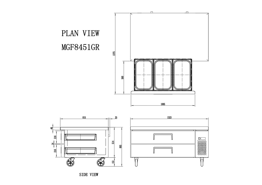 CHEF BASE REFRIGERADO - VENTILADO - 220-240V/300W 1.42kWh/24H Capacidad 235L- 2 Cajoes - TEMP. -2°/ +8°C - Dim. L1323xP815xH514mm Energy B 双抽屉风冷冷藏柜 工作台 -