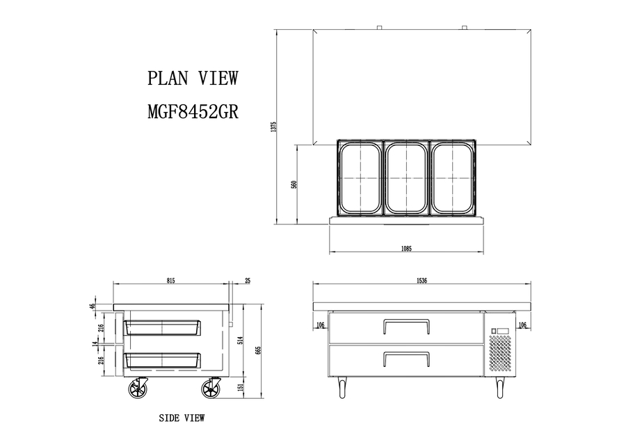CHEF BASE REFRIGERADO - VENTILADO -  220-240V/300W 1.42kWh/24H Capacidad 235L- 2 Cajoes - TEMP. -2°/ +8°C - Dim. L1536xP815xH514mm Energy B  双抽屉风冷冷藏柜 工作台 -