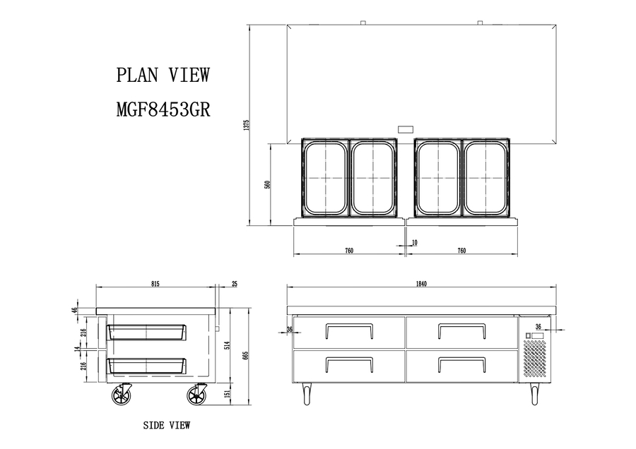 CHEF BASE REFRIGERADO - VENTILADO -  220-240V/300W 2.27kWh/24H Capacidad 340L- 4 Cajoes - TEMP. -2°/ +8°C - Dim. L1840xP815xH514mm Energy C 四抽屉风冷冷藏柜 工作台 -