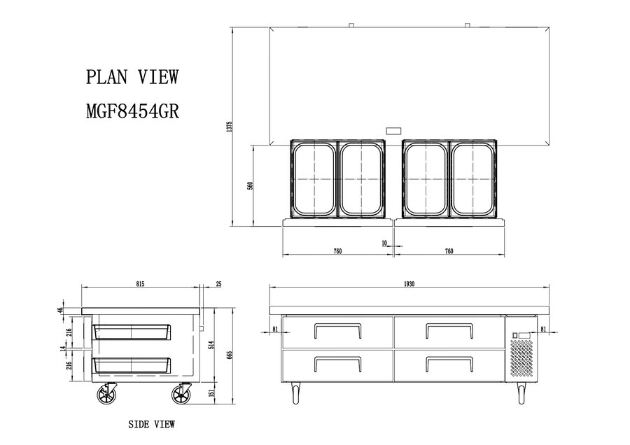 CHEF BASE REFRIGERADO - VENTILADO - 220-240V/300W 2.27kWh/24H Capacidad 340L- 4 Cajoes - TEMP. -2°/ +8°C - Dim. L1930xP815xH514mm Energy C  四抽屉风冷冷藏柜 工作台 -