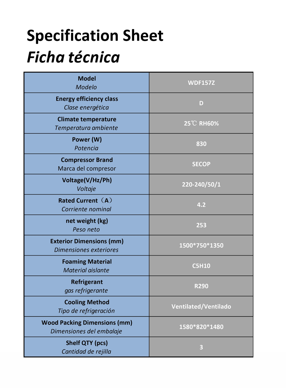 MOSTRADOR DE PASTELES  INOX - CRISTALES FRONTALES RECTOS - VENTILADA -220-240V/830W  TEMP 0°/+8°C - Dim.L1500xP750xH1400mm   Energy D 蛋糕柜1500方柜 -