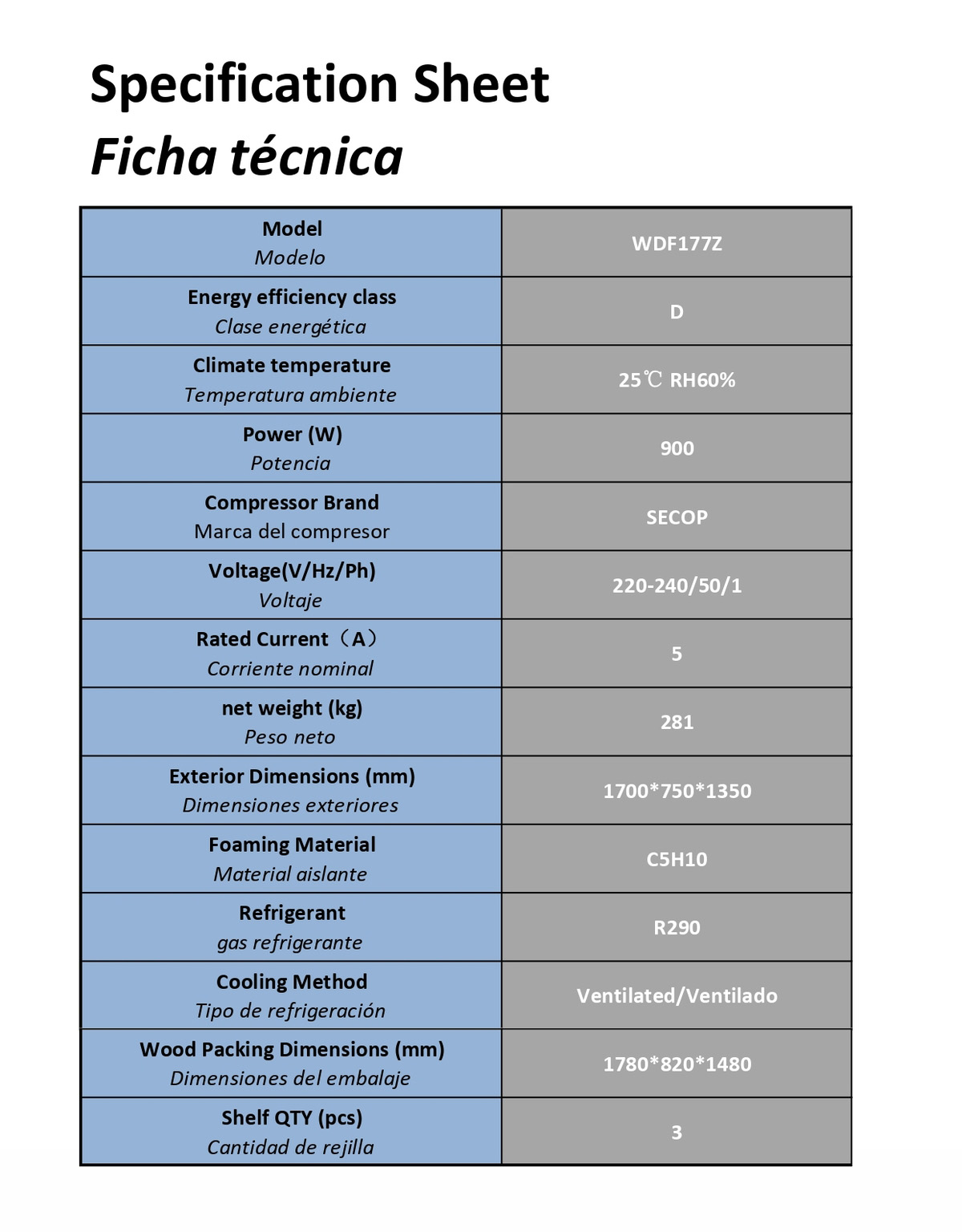 MOSTRADOR DE PASTELES  INOX- CRISTALES FRONTALES RECTOS - VENTILADA -220-240V/950W  TEMP 0°/+8°C - Dim.L1700xP750xH1400mm Energy D  蛋糕柜1700方柜 -