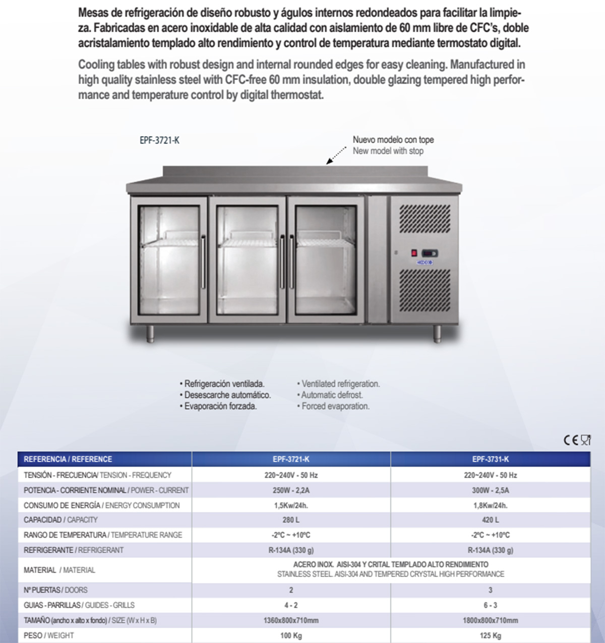 MESA FRIA 2P CRISTAL 1360X700X850+100MM 220V/50Hz 250W 280L -2 +8C R290 - MESA FRIA PUERTA CRISTAL 1360*700*850
